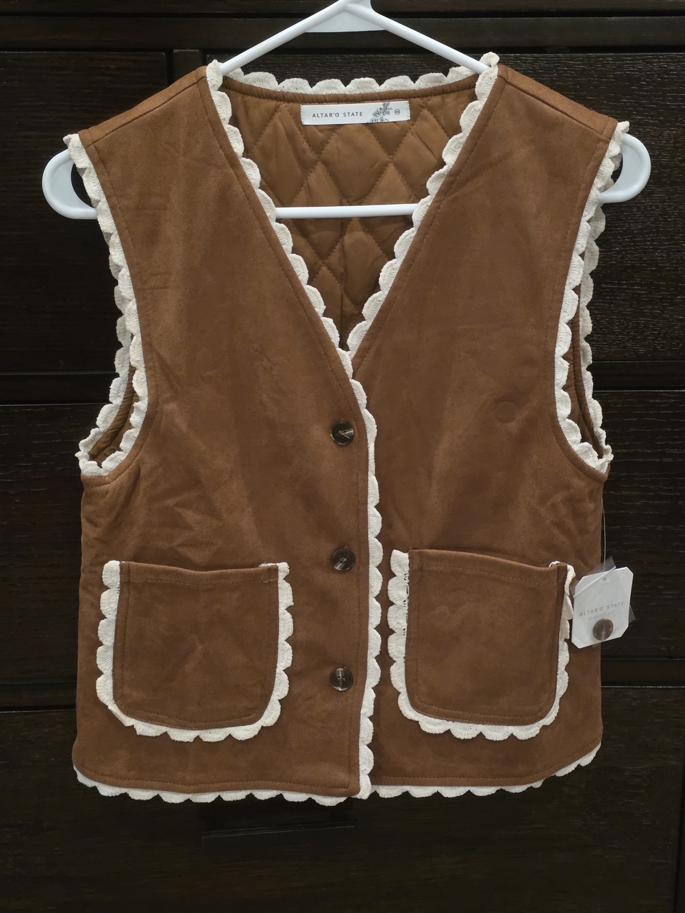 Altar'd State Tan Suede Scalloped Trim Vest